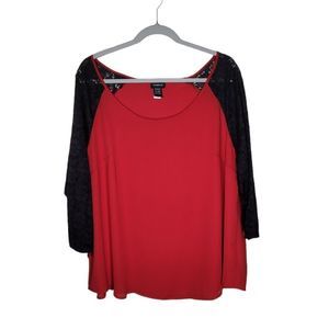Torrid Women's 3/4 Black Raglan Lace Sleeves Red Chiffon Tunic Top Size 1(XL/16)